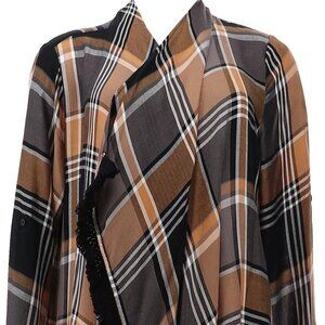 COLLEEN LOPEZ Brown Plaid Tassel Open Front Cascade Cardigan S Tab Slv Lagenlook
